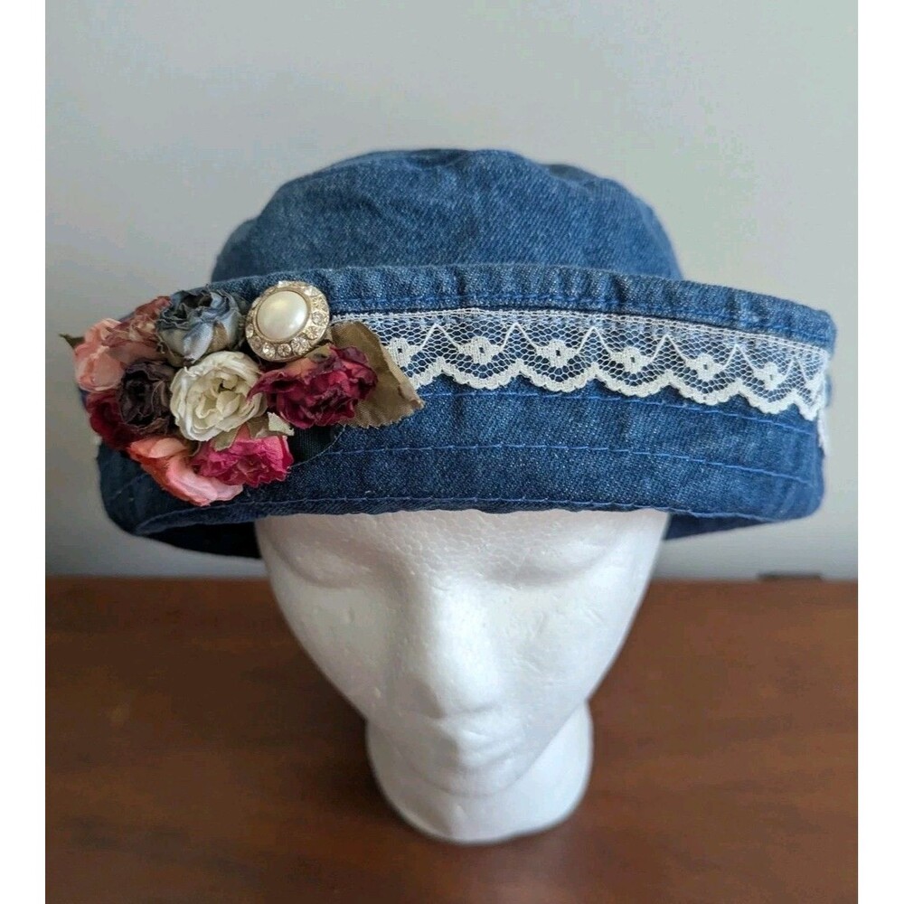 Vtg 90s Limited Denim Bucket Hat Floral Lace M L Cottagecore Boho Blossom Retro